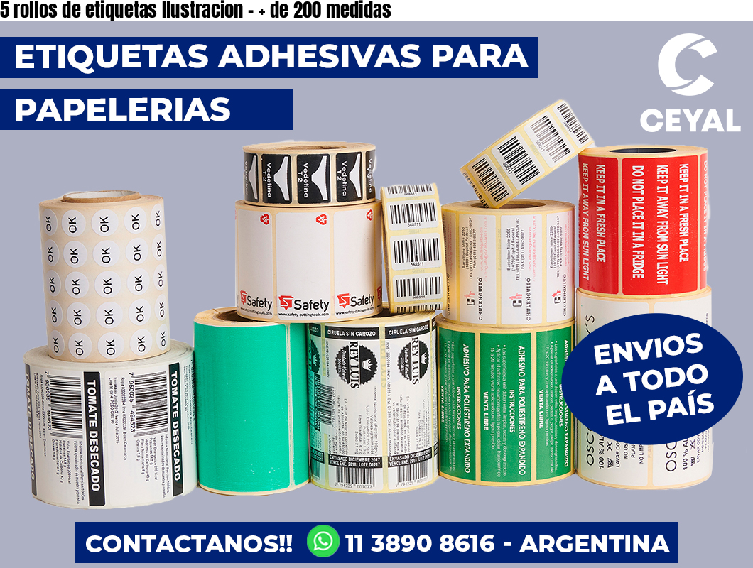 5 rollos de etiquetas Ilustracion - + de 200 medidas