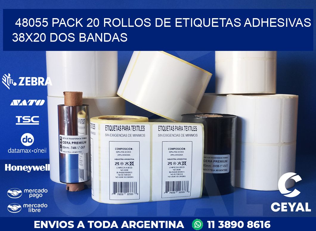 48055 PACK 20 ROLLOS DE ETIQUETAS ADHESIVAS 38X20 DOS BANDAS
