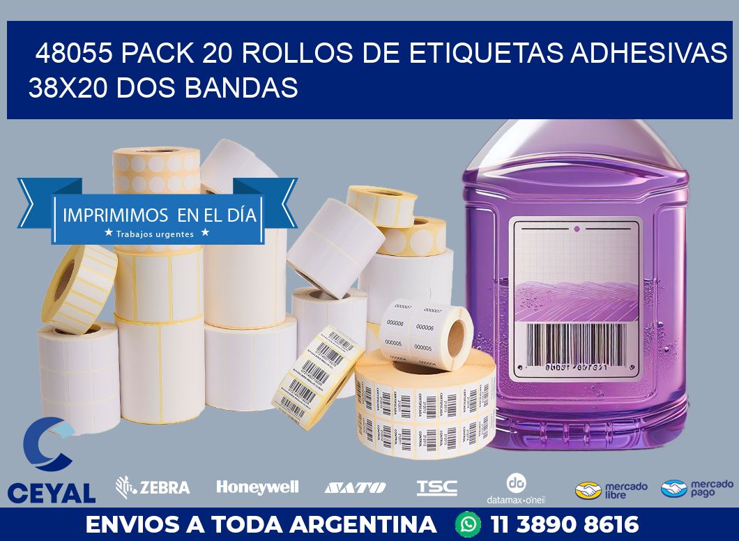 48055 PACK 20 ROLLOS DE ETIQUETAS ADHESIVAS 38X20 DOS BANDAS