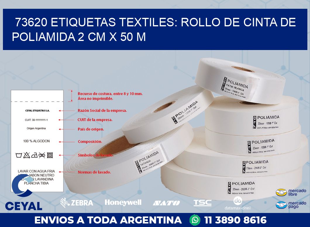 73620 ETIQUETAS TEXTILES: ROLLO DE CINTA DE POLIAMIDA 2 CM X 50 M