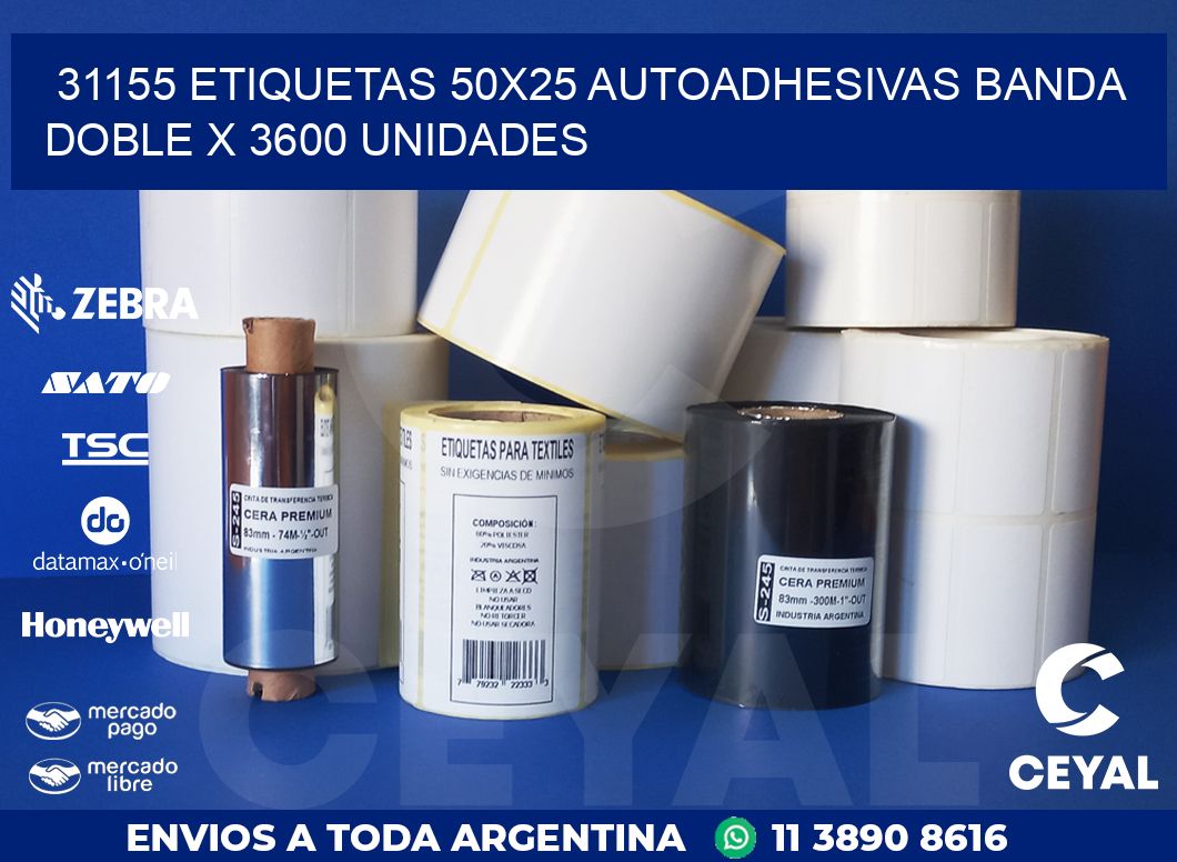 31155 ETIQUETAS 50X25 AUTOADHESIVAS BANDA DOBLE X 3600 UNIDADES