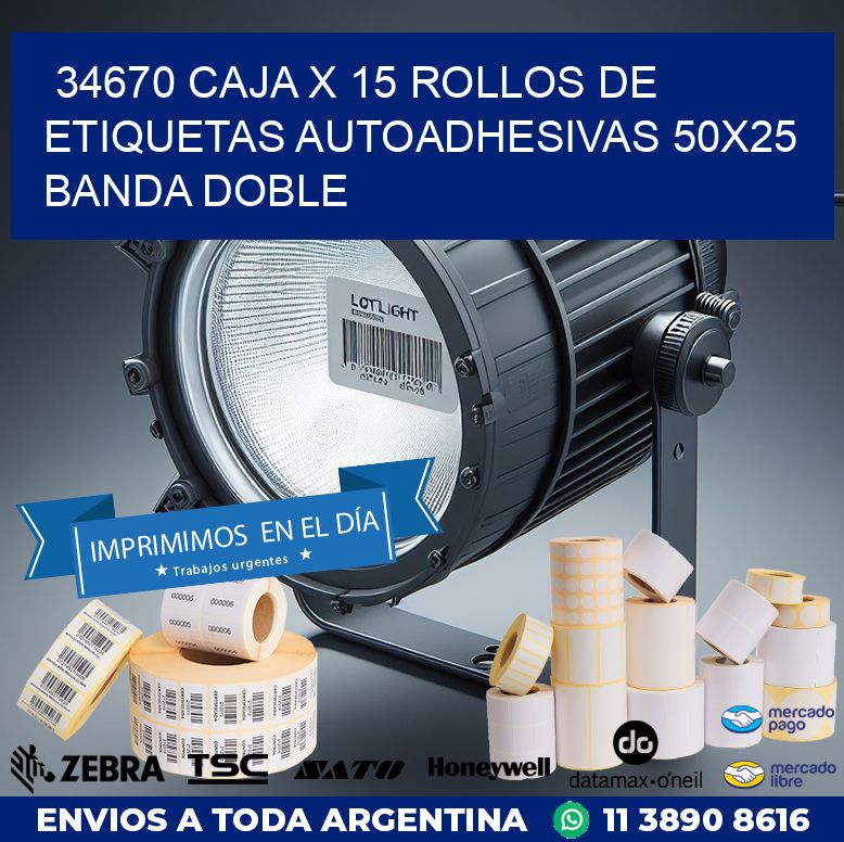 34670 CAJA X 15 ROLLOS DE ETIQUETAS AUTOADHESIVAS 50X25 BANDA DOBLE