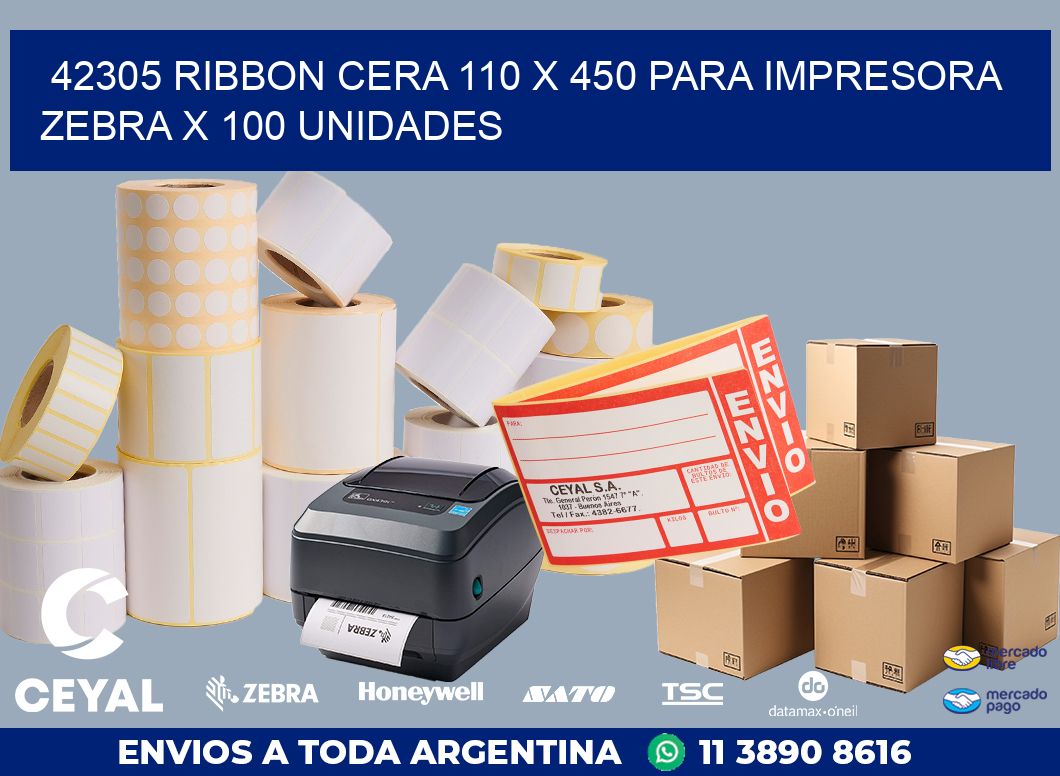 42305 RIBBON CERA 110 X 450 PARA IMPRESORA ZEBRA X 100 UNIDADES