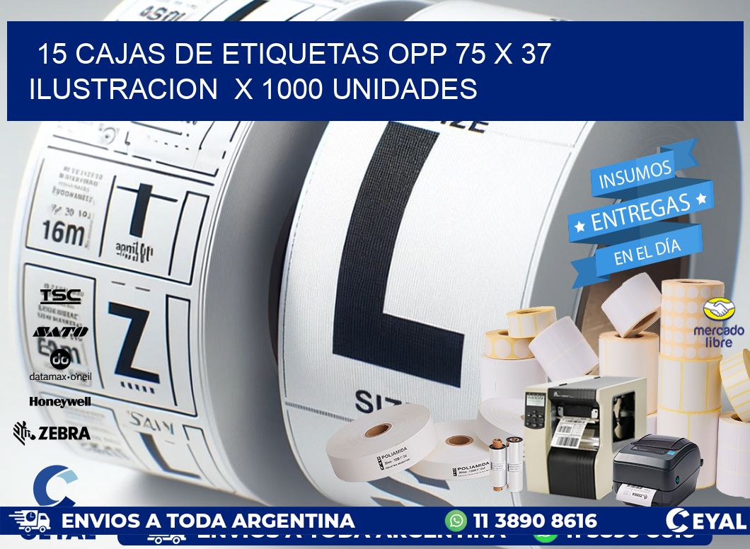 15 CAJAS DE ETIQUETAS OPP 75 x 37 ILUSTRACION X 1000 UNIDADES
