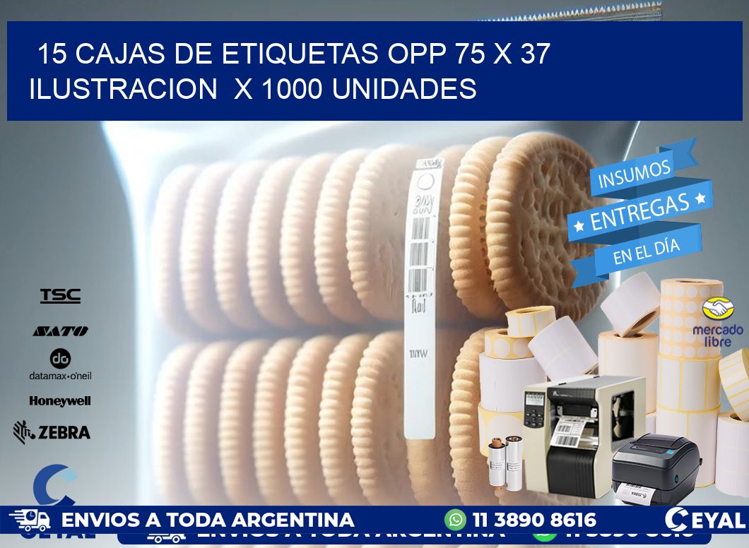 15 CAJAS DE ETIQUETAS OPP 75 x 37 ILUSTRACION X 1000 UNIDADES