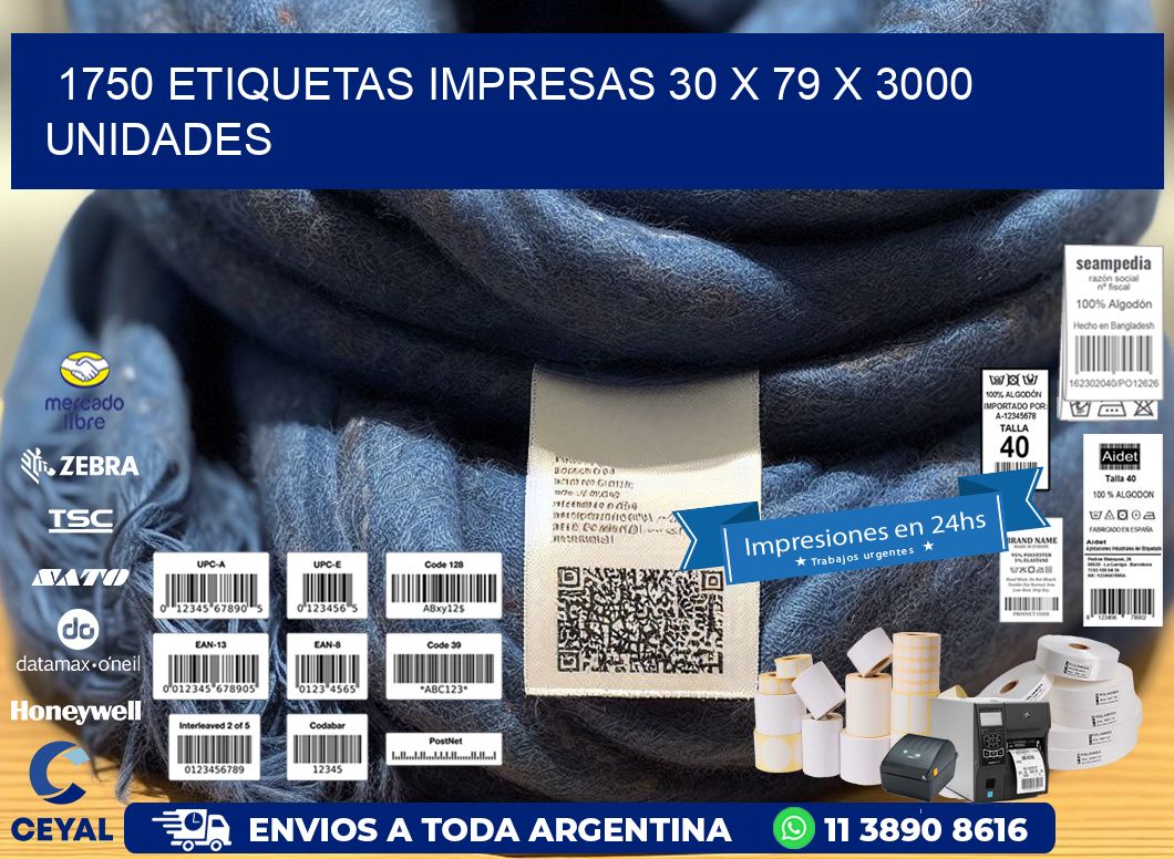 1750 ETIQUETAS IMPRESAS 30 x 79 X 3000 UNIDADES