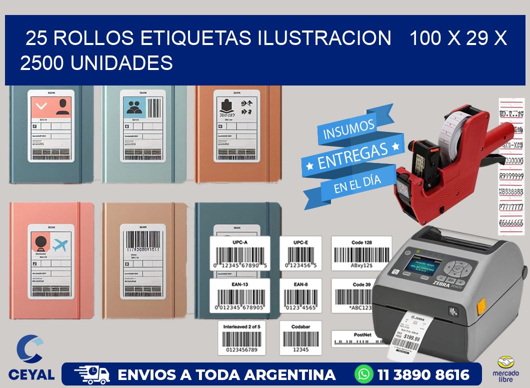 25 ROLLOS ETIQUETAS ILUSTRACION 100 x 29 X 2500 UNIDADES