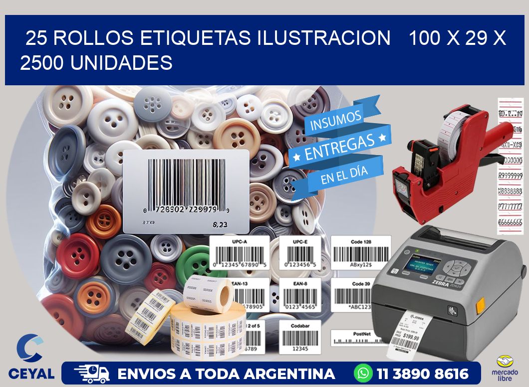 25 ROLLOS ETIQUETAS ILUSTRACION 100 x 29 X 2500 UNIDADES