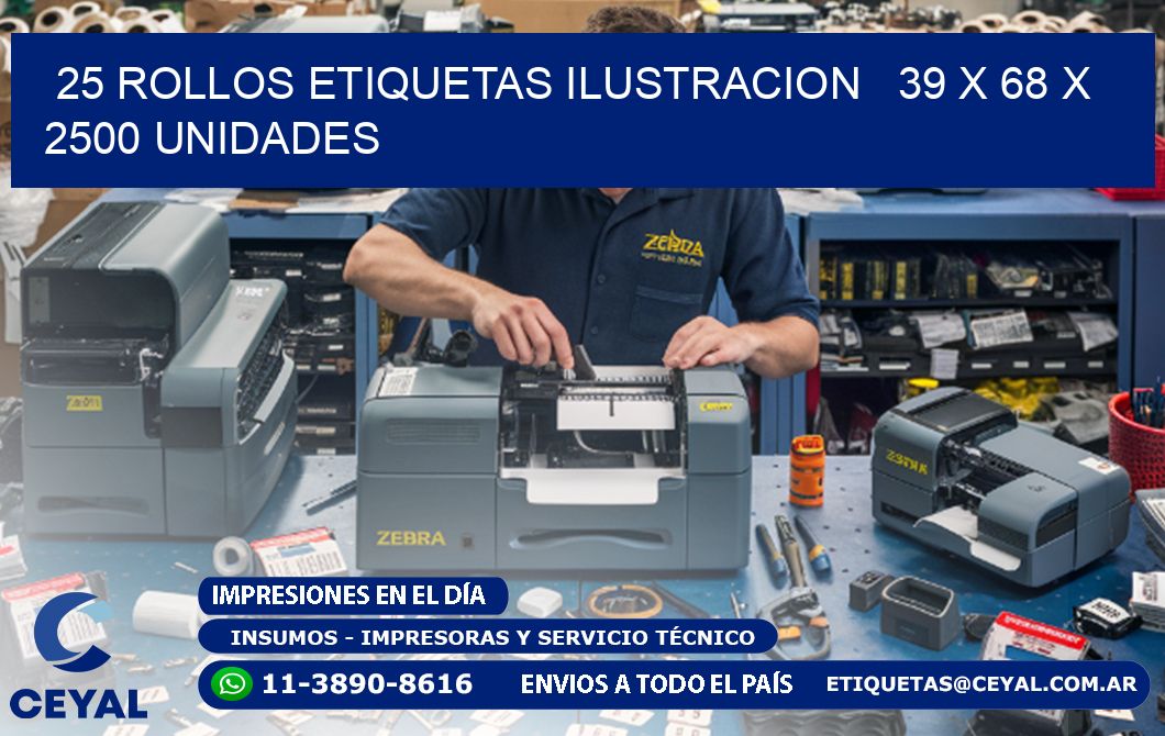 25 ROLLOS ETIQUETAS ILUSTRACION 39 x 68 X 2500 UNIDADES