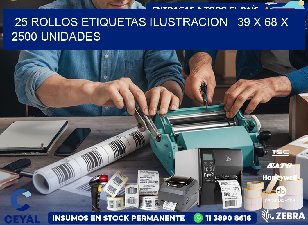 25 ROLLOS ETIQUETAS ILUSTRACION 39 x 68 X 2500 UNIDADES