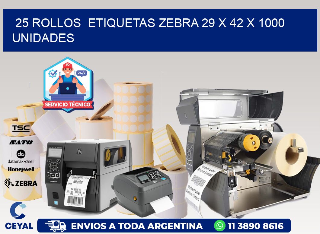 25 ROLLOS ETIQUETAS ZEBRA 29 x 42 X 1000 UNIDADES