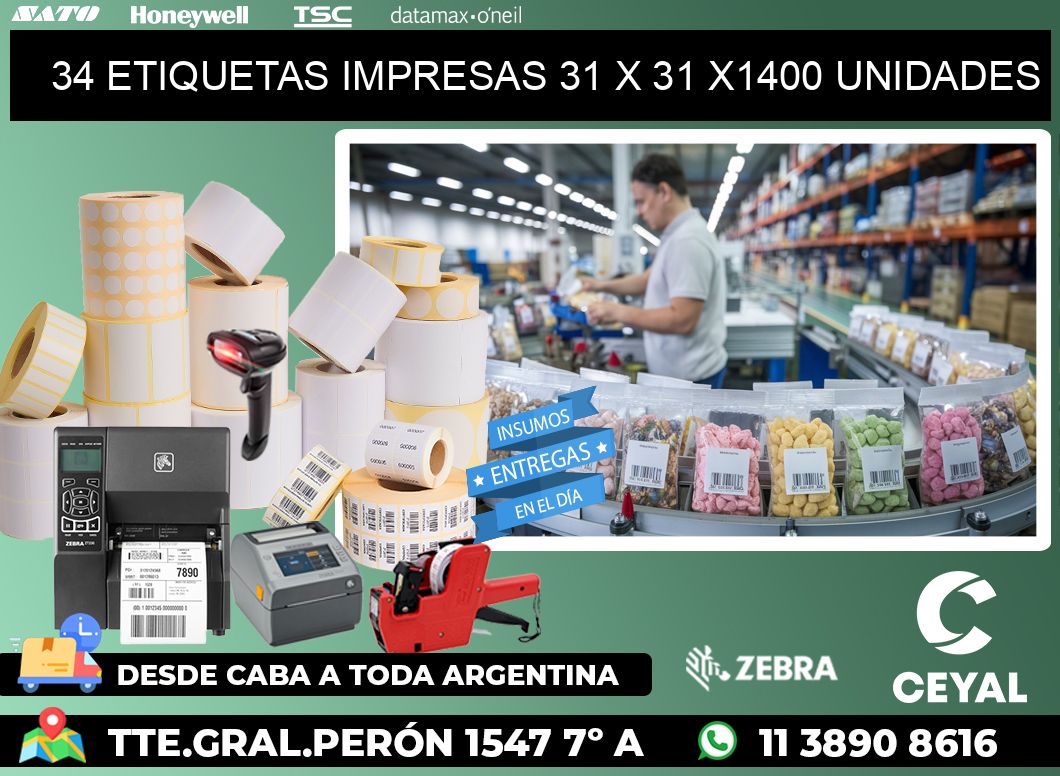 34 ETIQUETAS IMPRESAS 31 x 31 X1400 UNIDADES