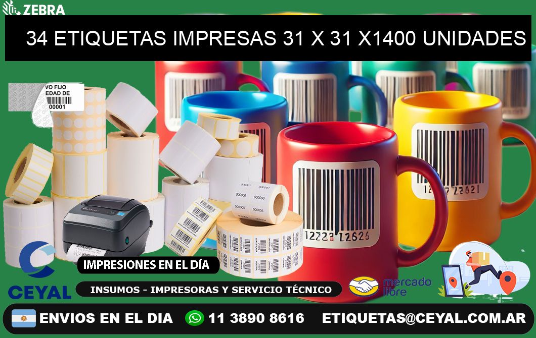 34 ETIQUETAS IMPRESAS 31 x 31 X1400 UNIDADES