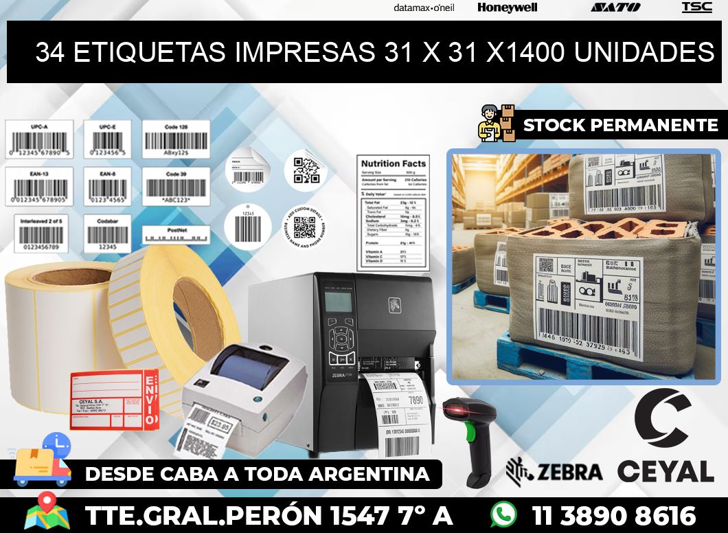 34 ETIQUETAS IMPRESAS 31 x 31 X1400 UNIDADES