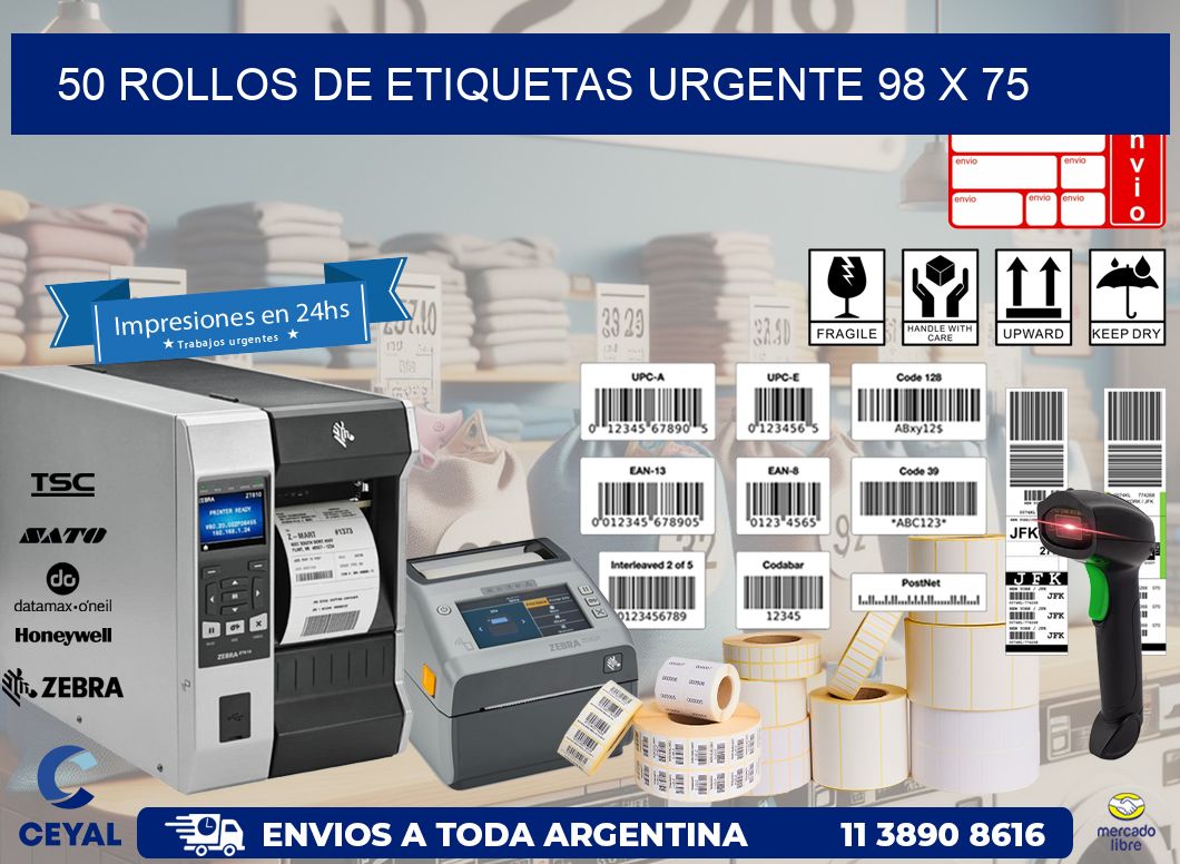 50 ROLLOS DE ETIQUETAS URGENTE 98 x 75