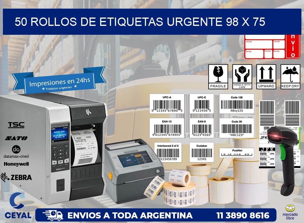 50 ROLLOS DE ETIQUETAS URGENTE 98 x 75
