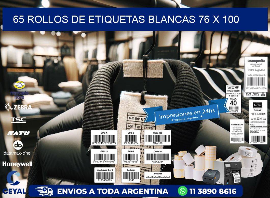 65 ROLLOS DE ETIQUETAS BLANCAS 76 x 100