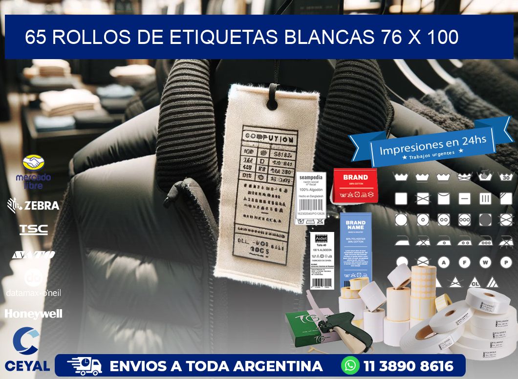 65 ROLLOS DE ETIQUETAS BLANCAS 76 x 100