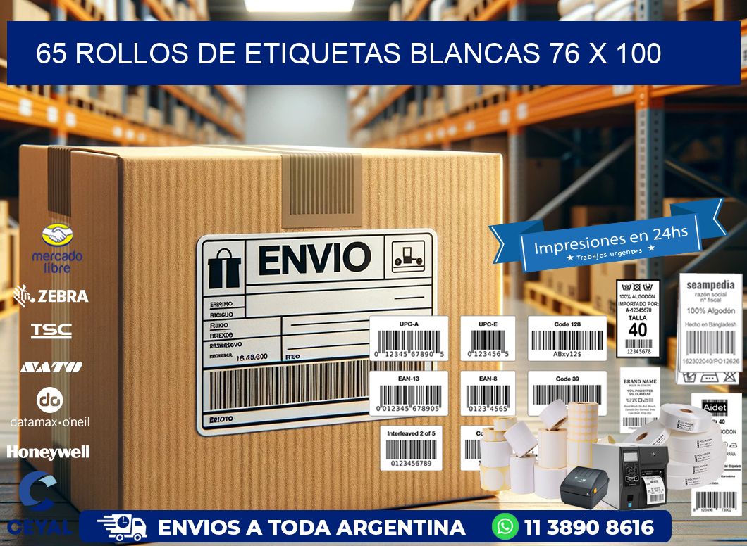 65 ROLLOS DE ETIQUETAS BLANCAS 76 x 100