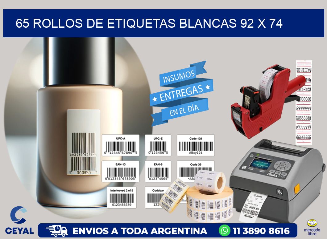 65 ROLLOS DE ETIQUETAS BLANCAS 92 x 74
