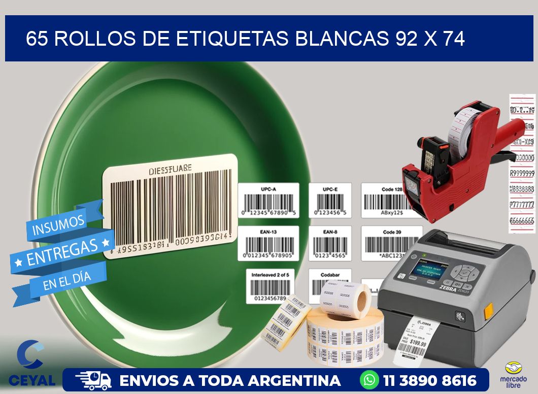 65 ROLLOS DE ETIQUETAS BLANCAS 92 x 74