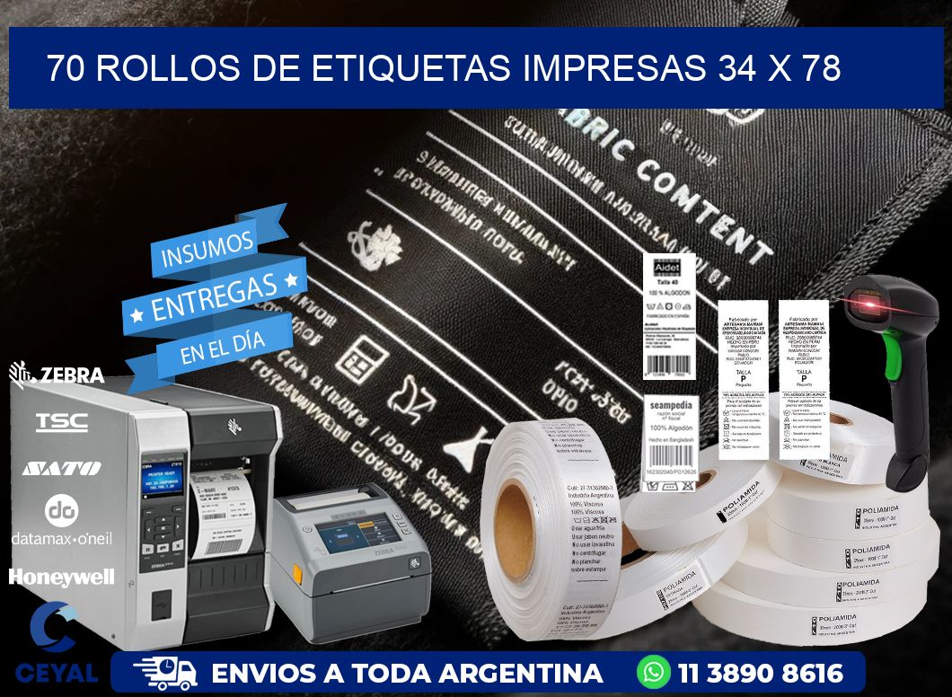 70 ROLLOS DE ETIQUETAS IMPRESAS 34 x 78