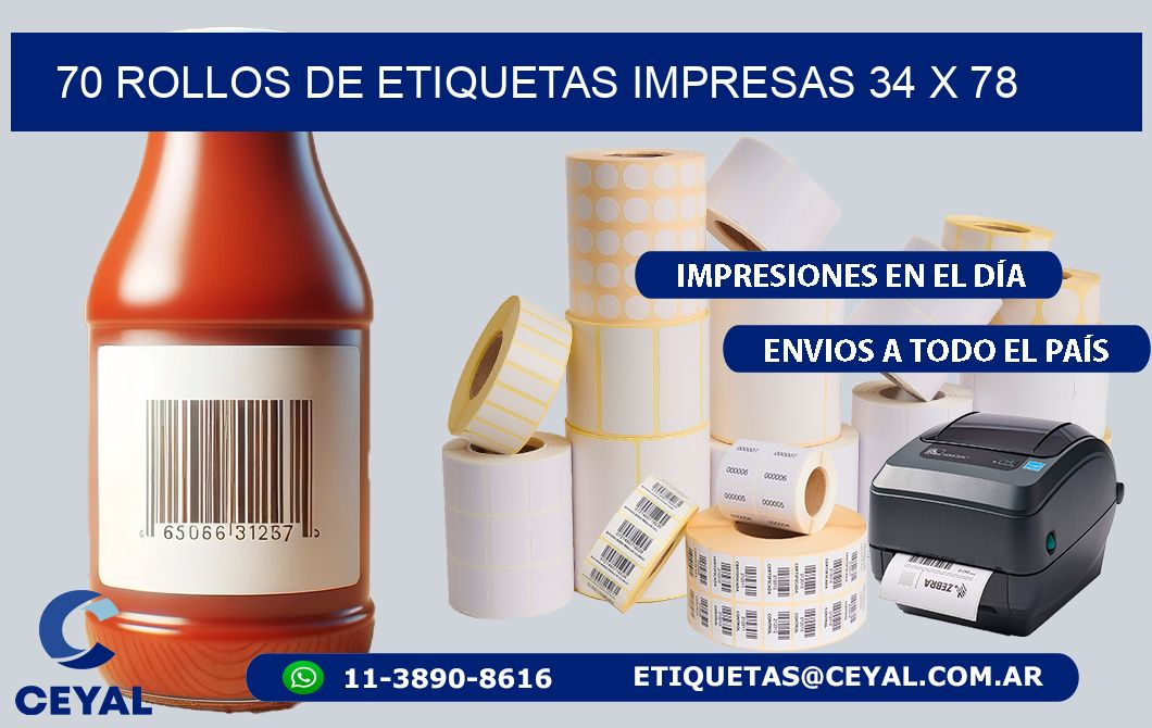 70 ROLLOS DE ETIQUETAS IMPRESAS 34 x 78