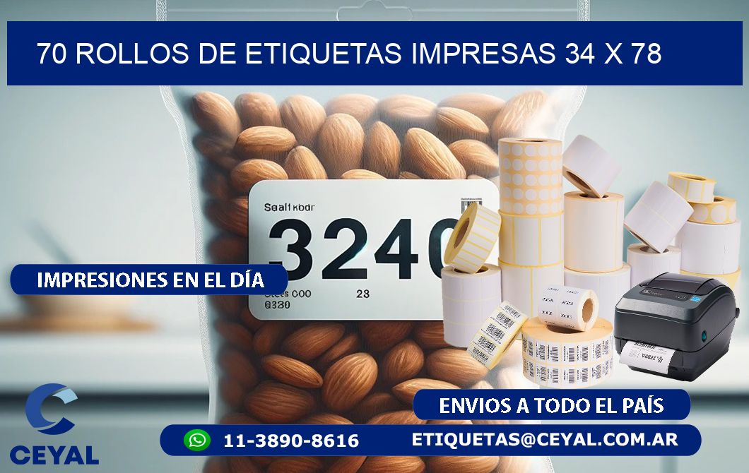 70 ROLLOS DE ETIQUETAS IMPRESAS 34 x 78