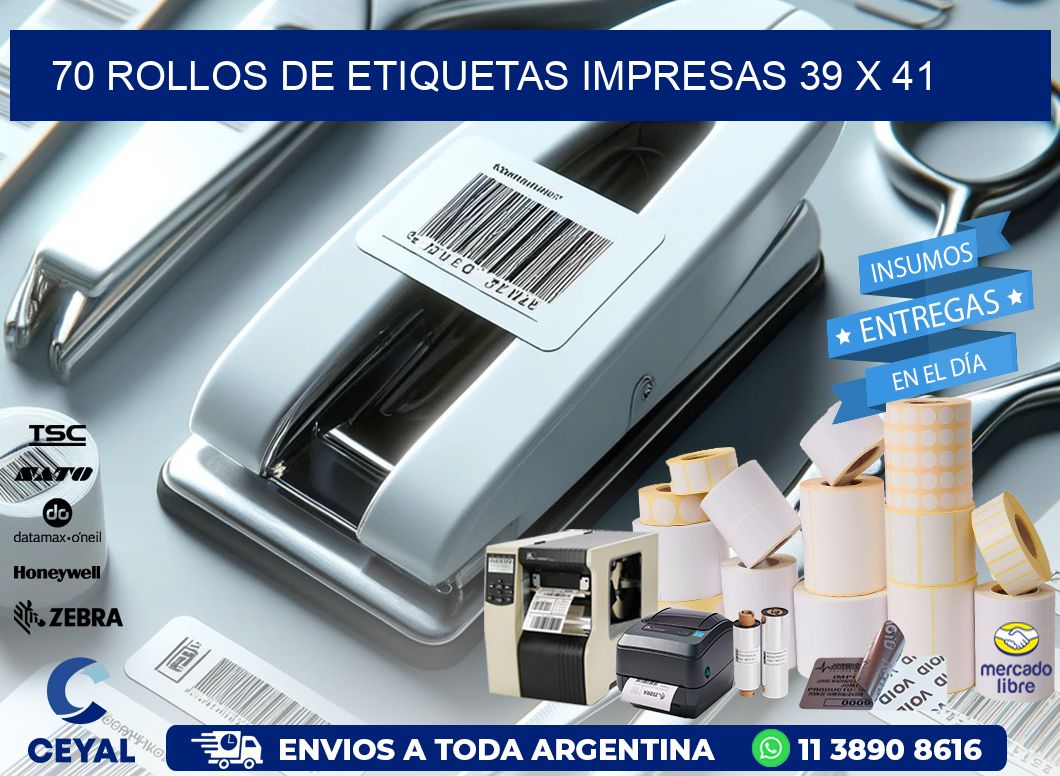 70 ROLLOS DE ETIQUETAS IMPRESAS 39 x 41