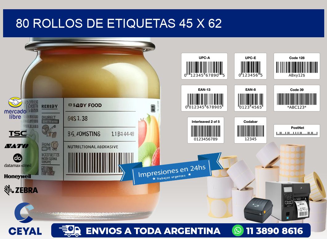 80 ROLLOS DE ETIQUETAS 45 x 62