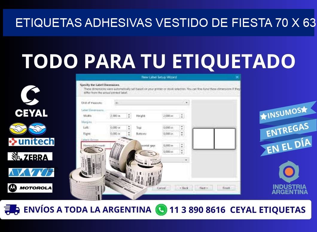 ETIQUETAS ADHESIVAS VESTIDO DE FIESTA 70 x 63