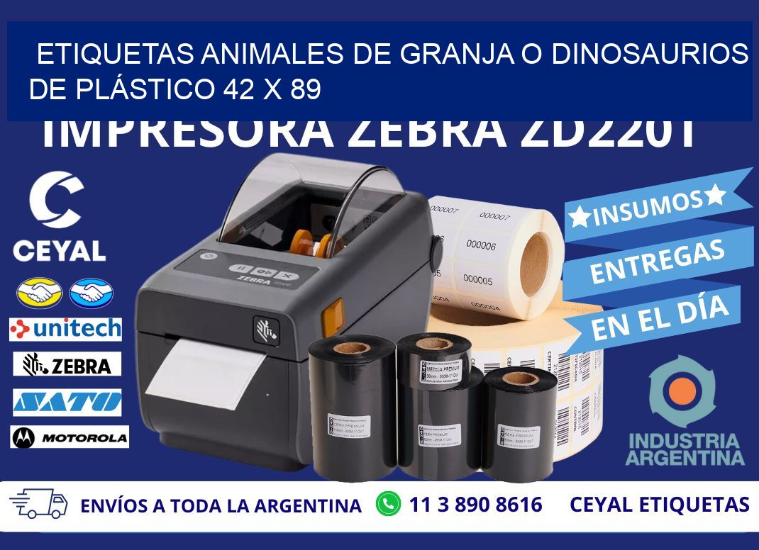 ETIQUETAS ANIMALES DE GRANJA O DINOSAURIOS DE PLÁSTICO 42 x 89