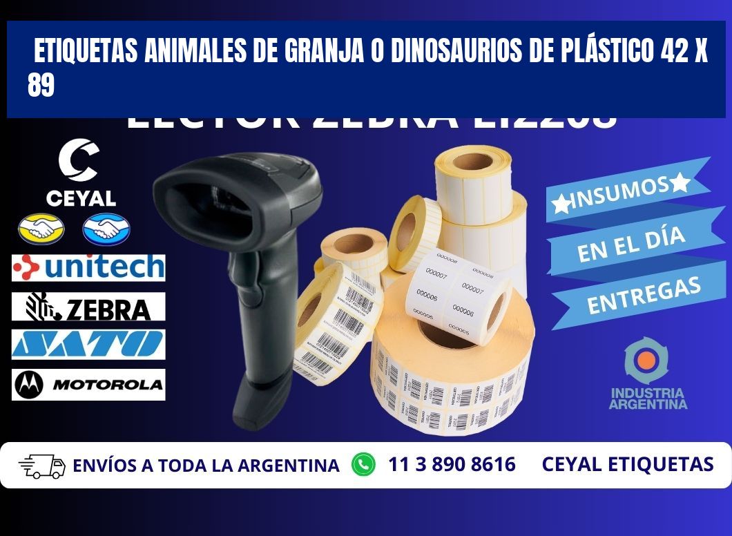 ETIQUETAS ANIMALES DE GRANJA O DINOSAURIOS DE PLÁSTICO 42 x 89