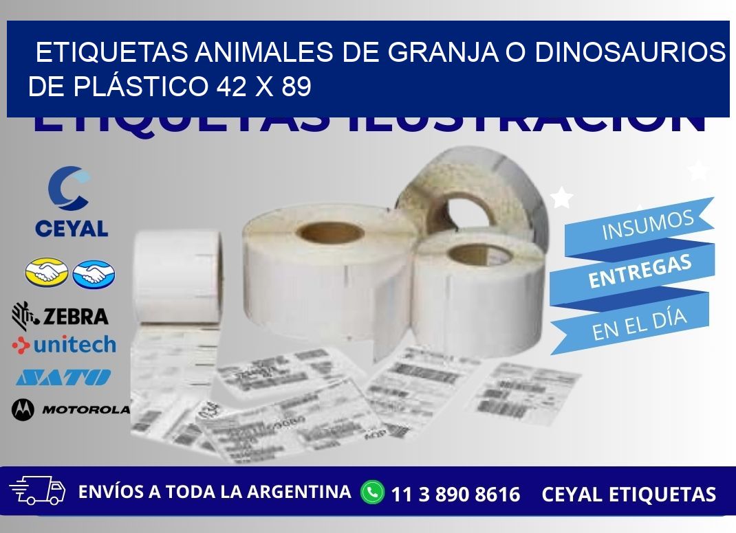 ETIQUETAS ANIMALES DE GRANJA O DINOSAURIOS DE PLÁSTICO 42 x 89