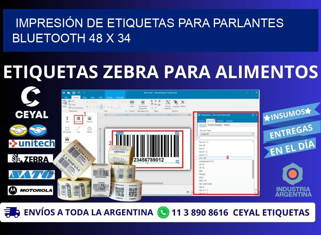 IMPRESIÓN DE ETIQUETAS PARA PARLANTES BLUETOOTH 48 x 34