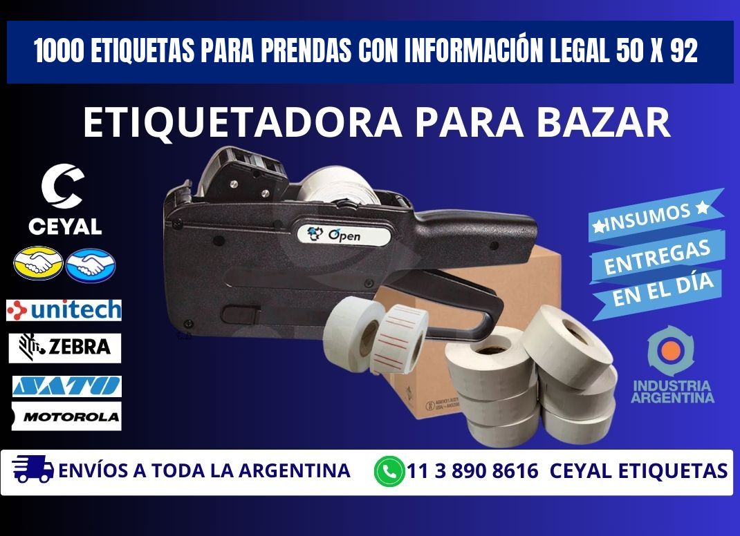 1000 ETIQUETAS PARA PRENDAS CON INFORMACIÓN LEGAL 50 x 92