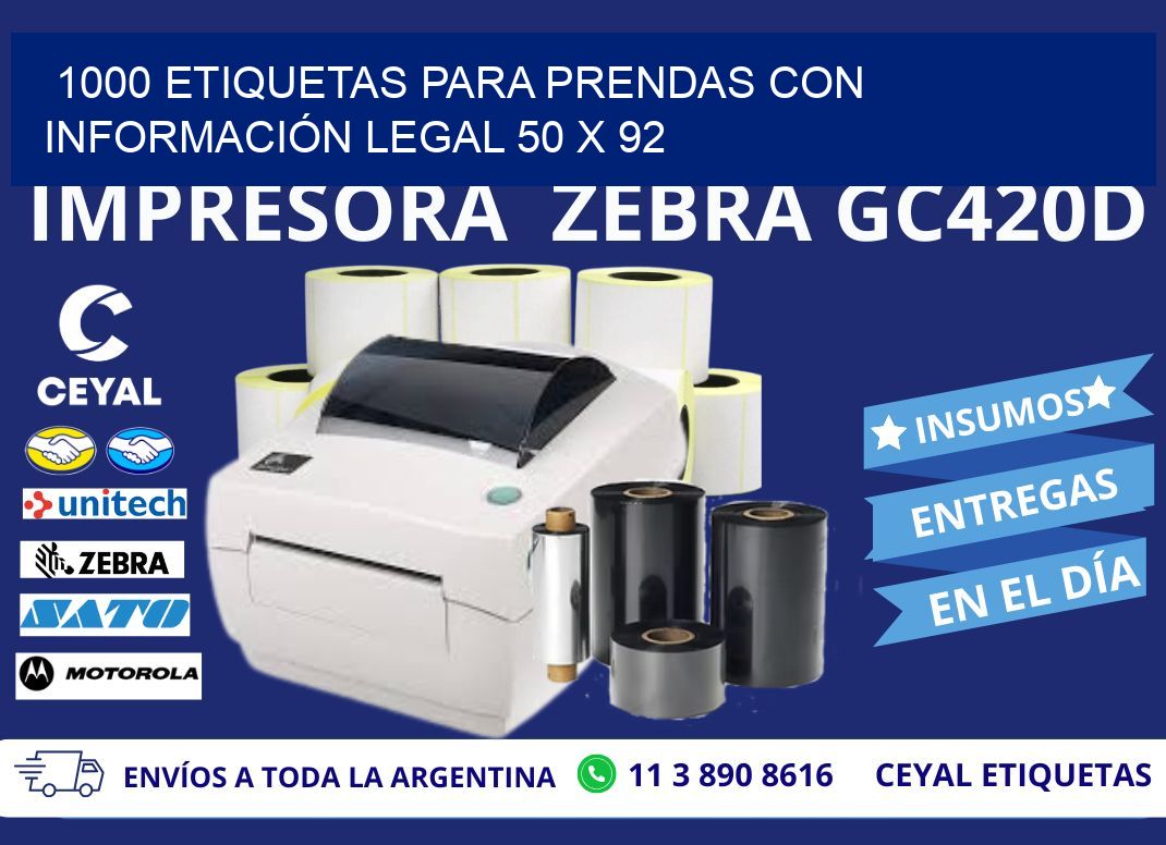 1000 ETIQUETAS PARA PRENDAS CON INFORMACIÓN LEGAL 50 x 92