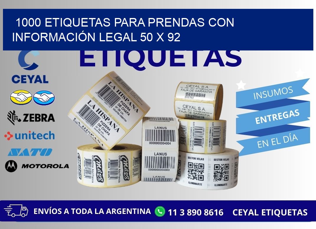 1000 ETIQUETAS PARA PRENDAS CON INFORMACIÓN LEGAL 50 x 92
