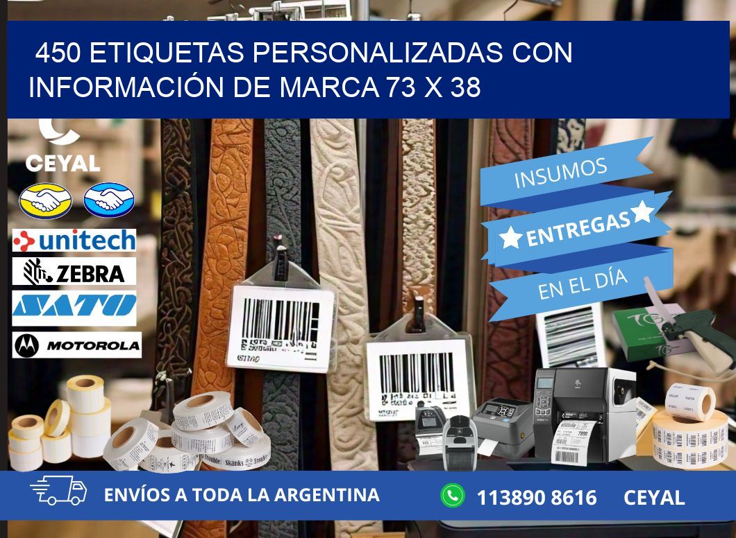 450 ETIQUETAS PERSONALIZADAS CON INFORMACIÓN DE MARCA 73 x 38
