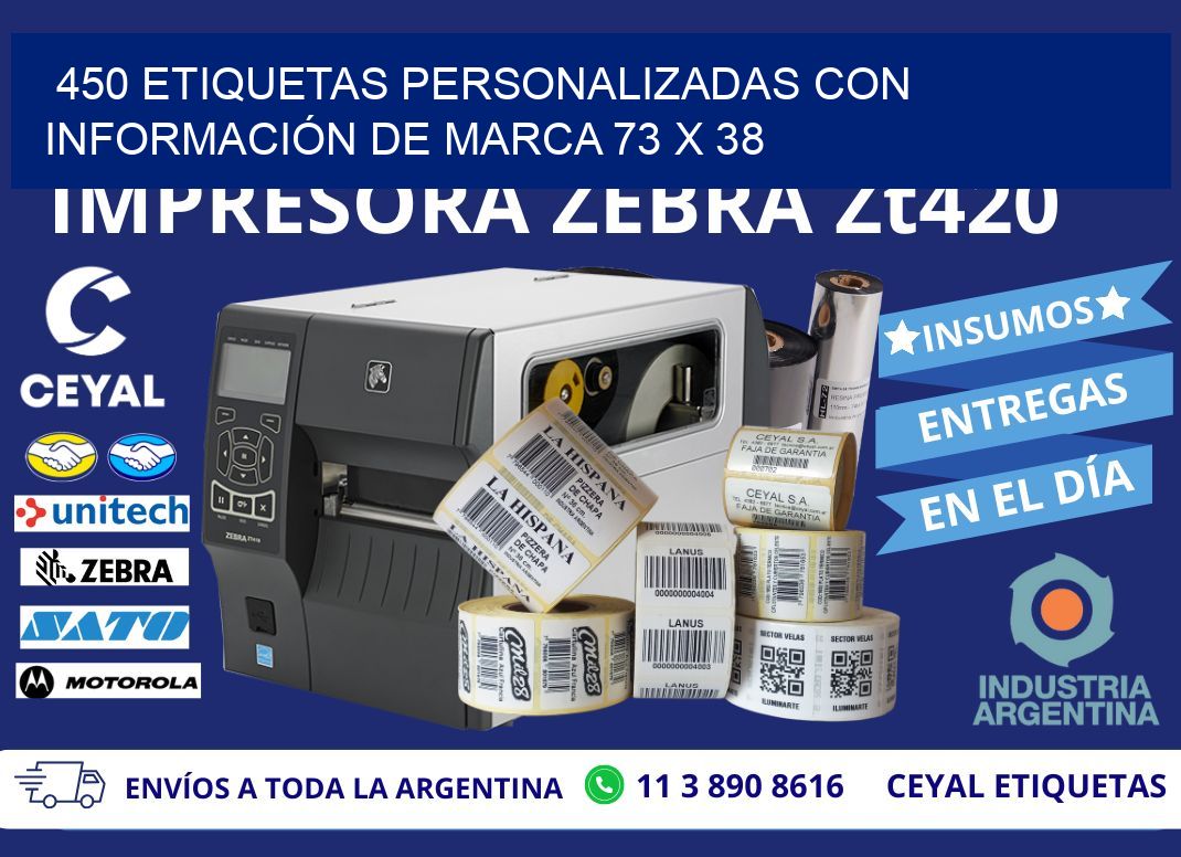 450 ETIQUETAS PERSONALIZADAS CON INFORMACIÓN DE MARCA 73 x 38