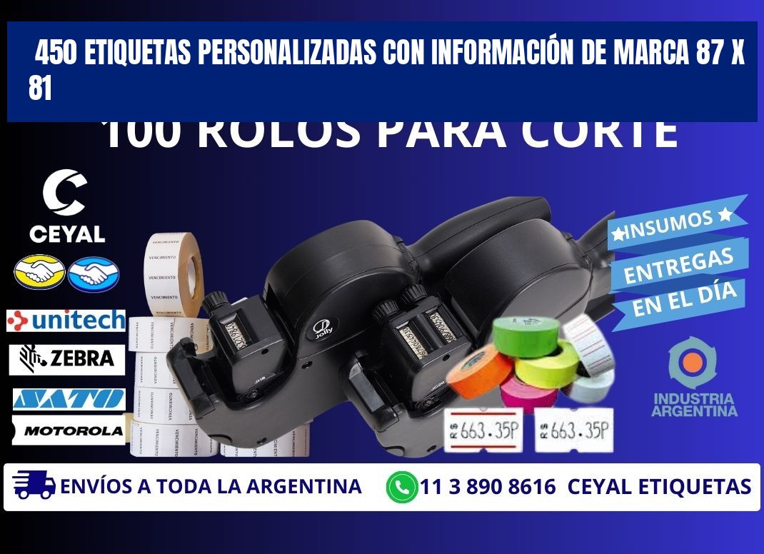 450 ETIQUETAS PERSONALIZADAS CON INFORMACIÓN DE MARCA 87 x 81