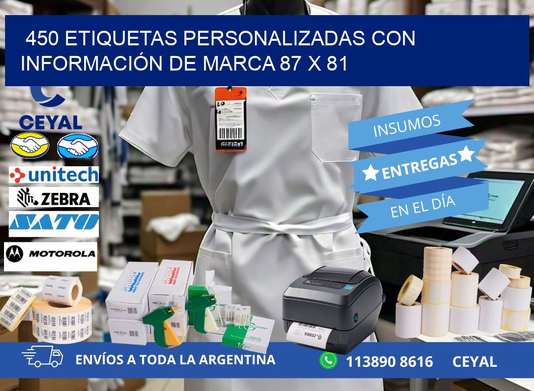 450 ETIQUETAS PERSONALIZADAS CON INFORMACIÓN DE MARCA 87 x 81