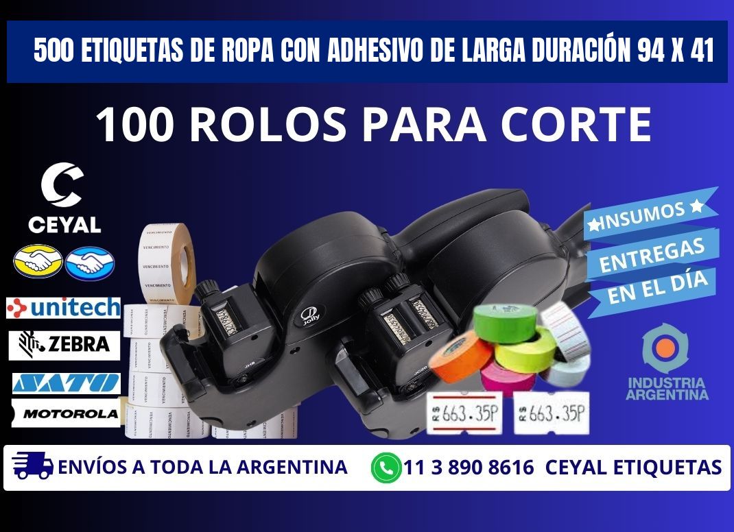 500 ETIQUETAS DE ROPA CON ADHESIVO DE LARGA DURACIÓN 94 x 41