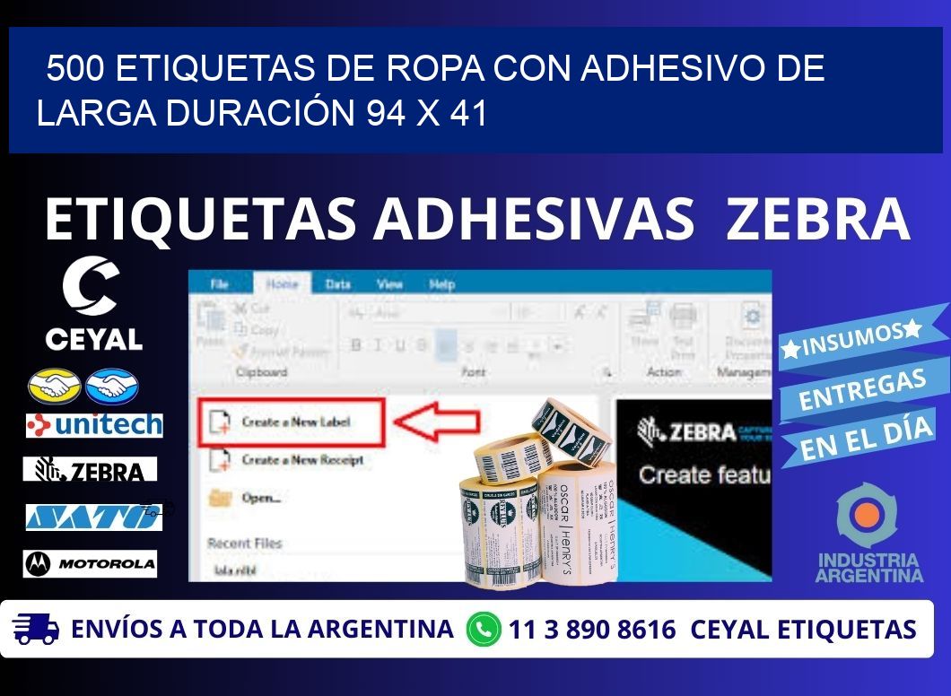 500 ETIQUETAS DE ROPA CON ADHESIVO DE LARGA DURACIÓN 94 x 41