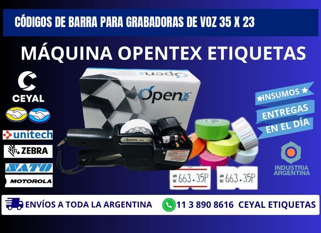 CÓDIGOS DE BARRA PARA GRABADORAS DE VOZ 35 x 23
