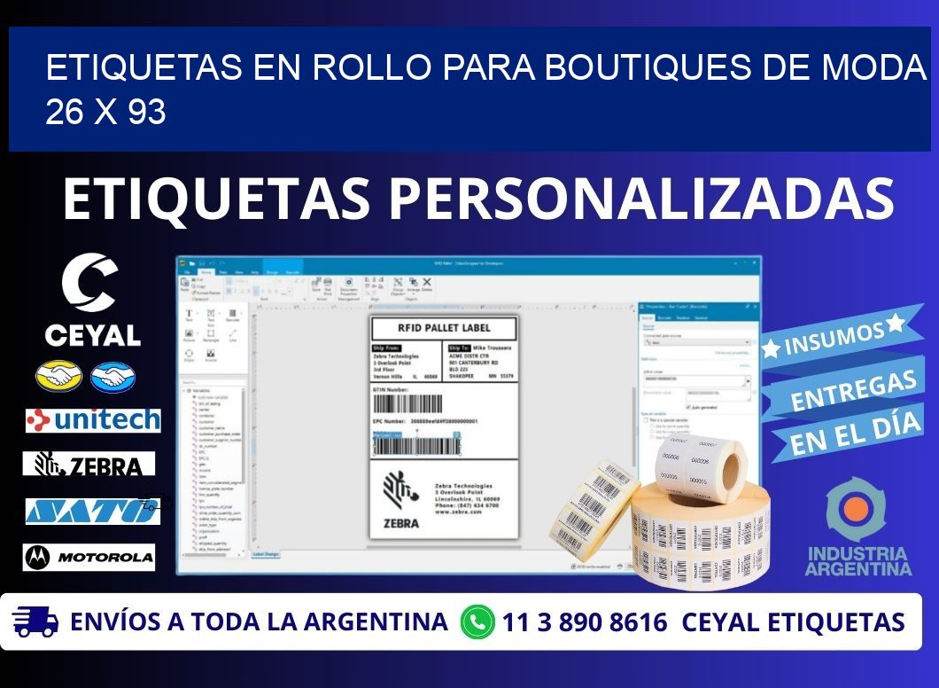 ETIQUETAS EN ROLLO PARA BOUTIQUES DE MODA  26 x 93