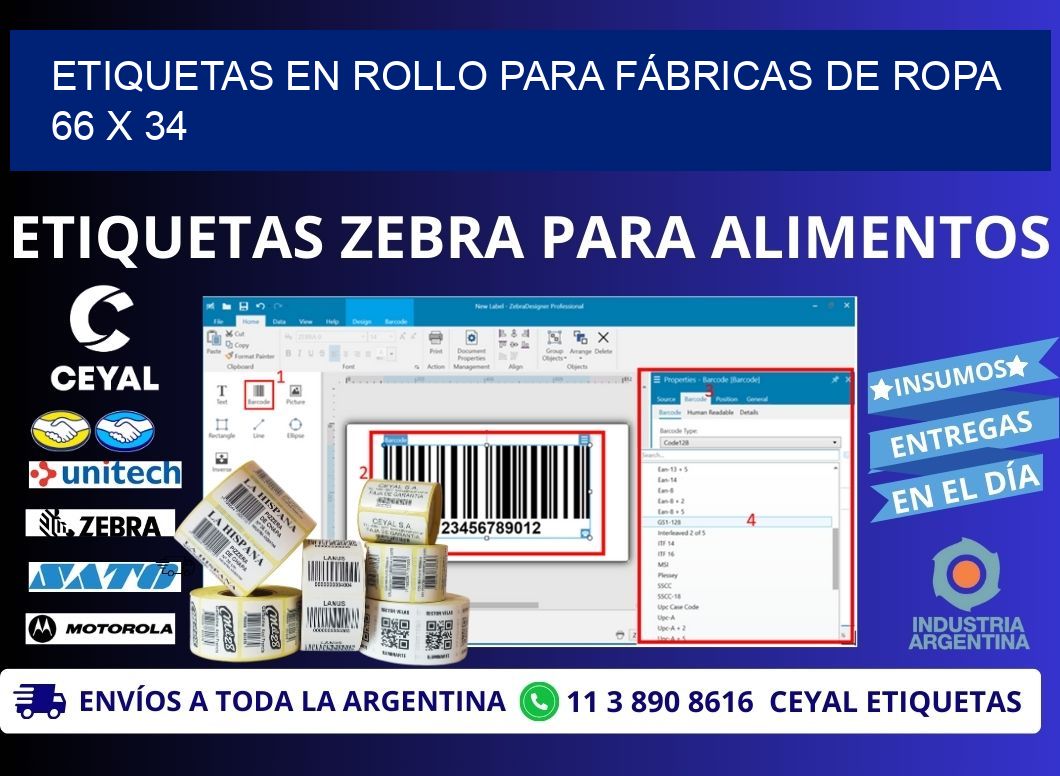 ETIQUETAS EN ROLLO PARA FÁBRICAS DE ROPA 66 x 34