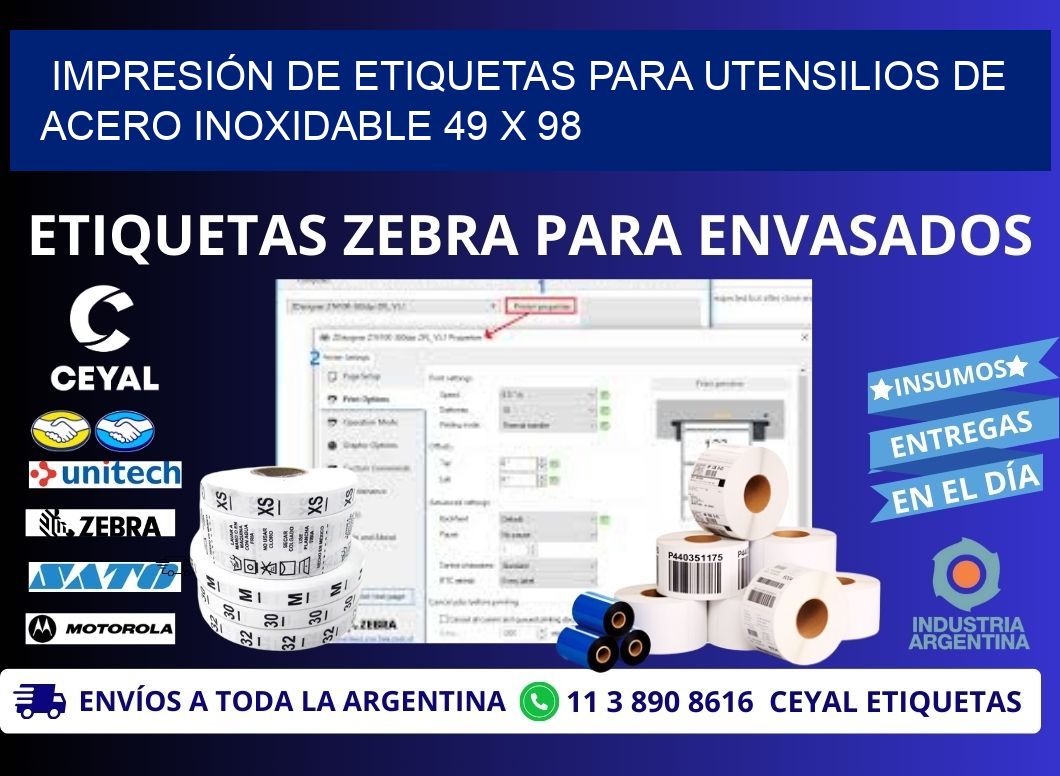 IMPRESIÓN DE ETIQUETAS PARA UTENSILIOS DE ACERO INOXIDABLE 49 x 98