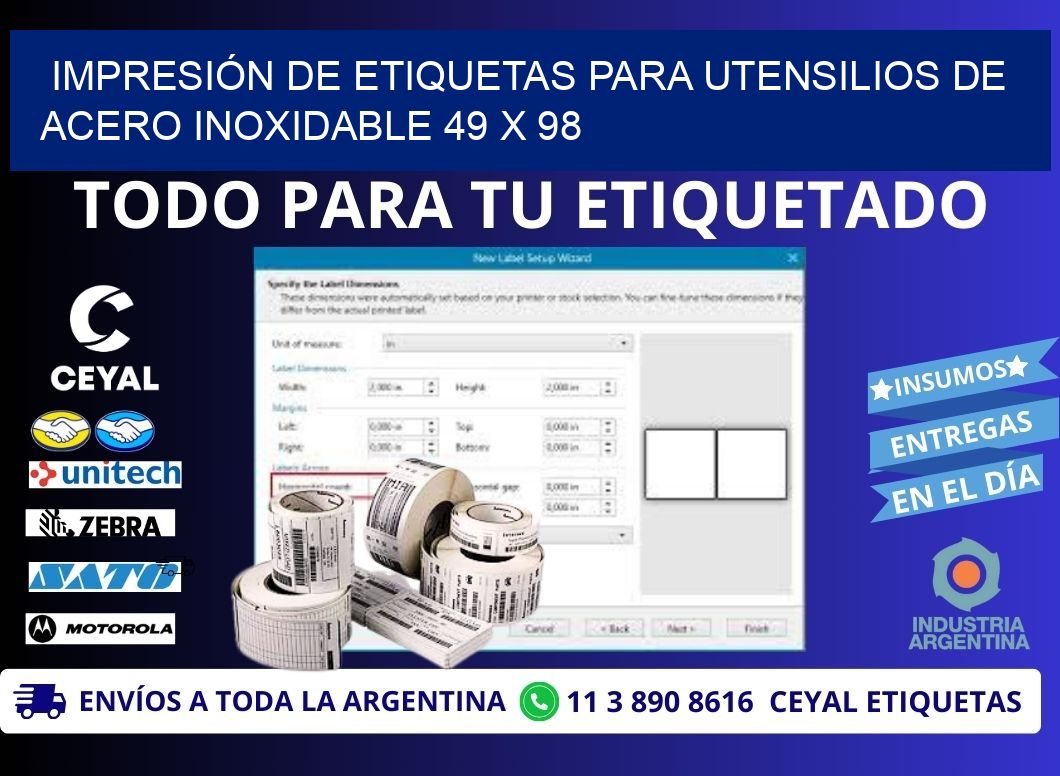 IMPRESIÓN DE ETIQUETAS PARA UTENSILIOS DE ACERO INOXIDABLE 49 x 98