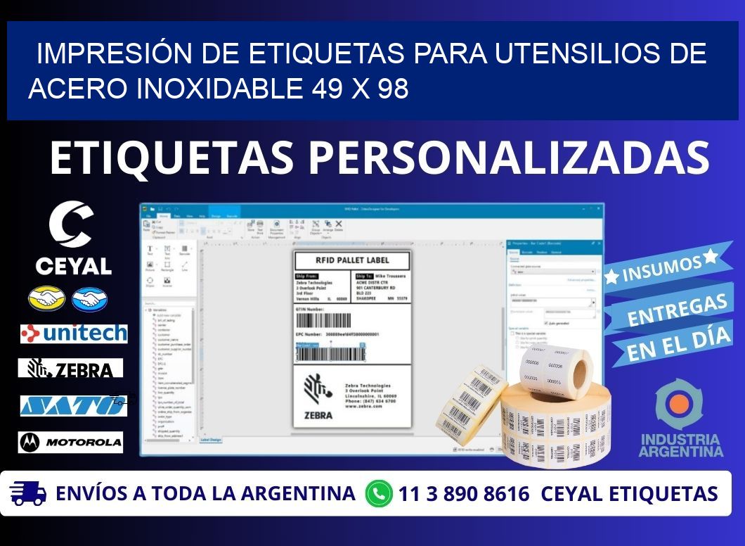 IMPRESIÓN DE ETIQUETAS PARA UTENSILIOS DE ACERO INOXIDABLE 49 x 98
